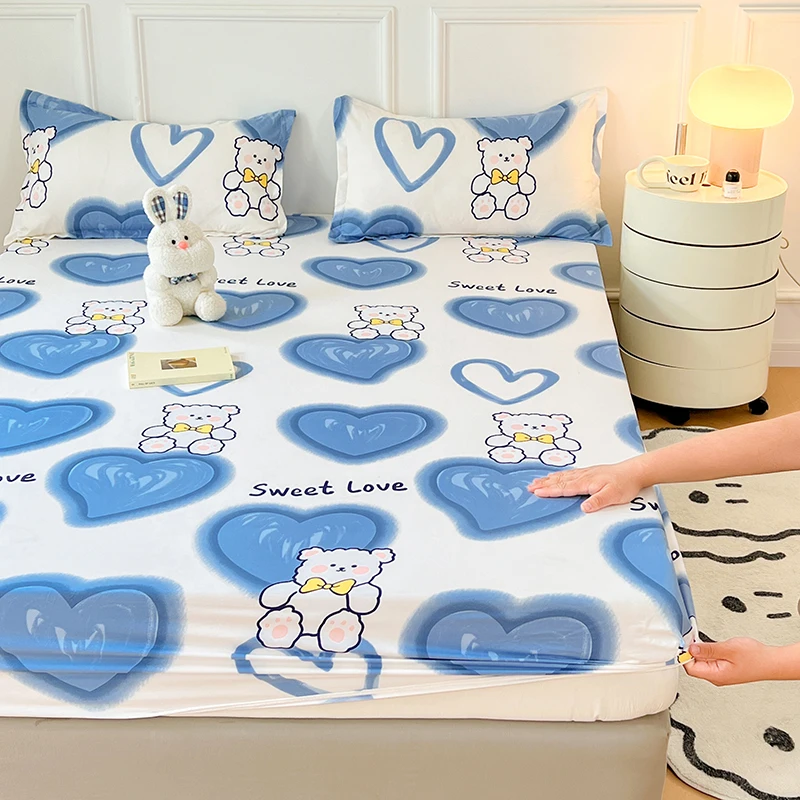 Pink Blue Kawaii Bear Polyester Bedsheet Only-Enchanted peach