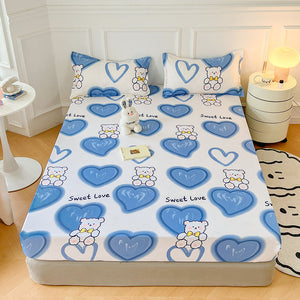 Pink Blue Kawaii Bear Polyester Bedsheet Only-Enchanted peach