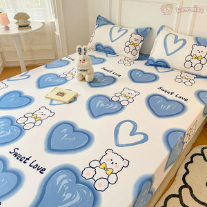 Pink Blue Kawaii Bear Polyester Bedsheet Only-Enchanted peach