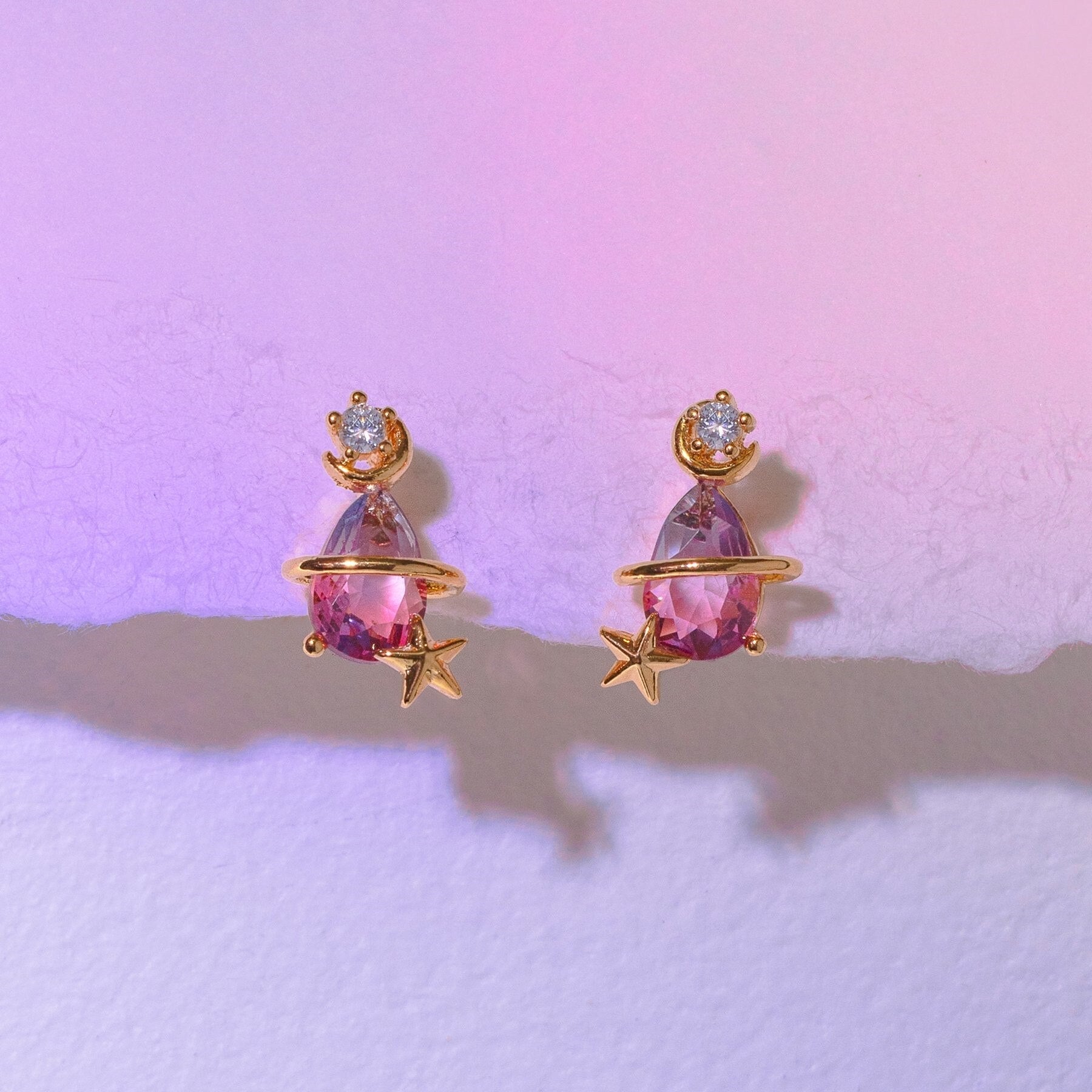 Pink Blue Teardrop Gold-Plated Stud Earrings-Enchanted peach