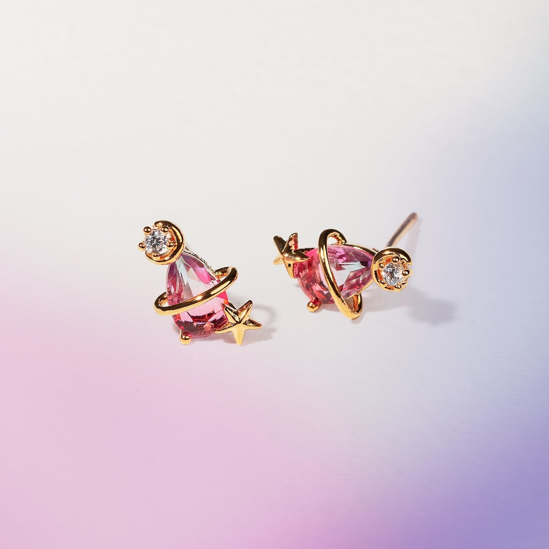 Pink Blue Teardrop Gold-Plated Stud Earrings-Enchanted peach