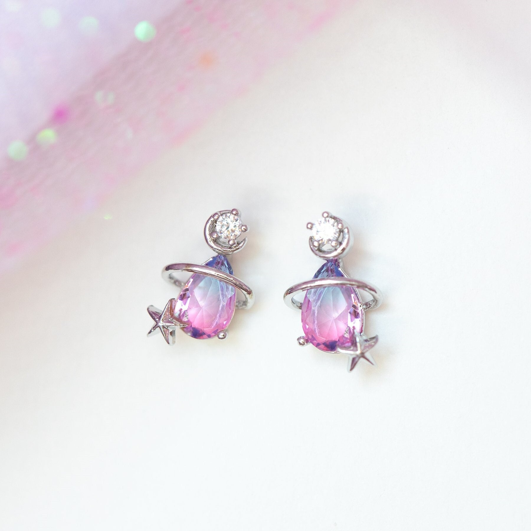 Pink Blue Teardrop Gold-Plated Stud Earrings-Enchanted peach