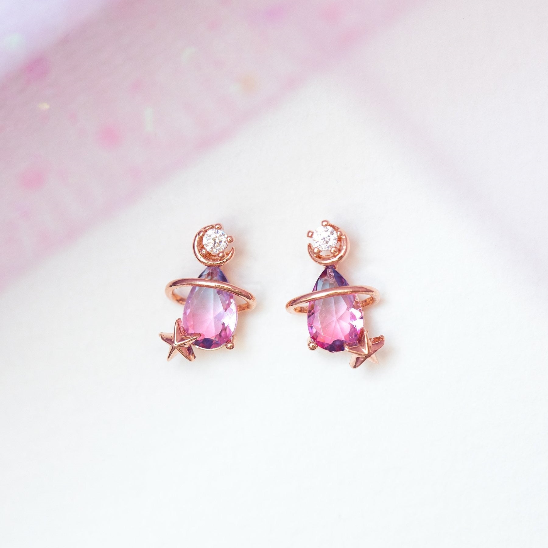 Pink Blue Teardrop Gold-Plated Stud Earrings-Enchanted peach