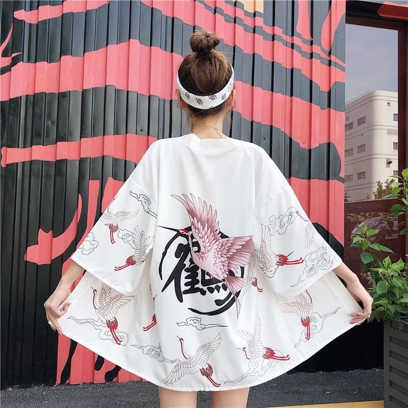 Pink Crane White Black Women's Kimono-Enchanted peach