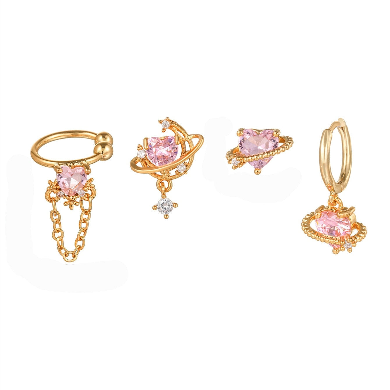 Pink Heart Gold-Plated Asymmetric Stud Earrings-Enchanted peach