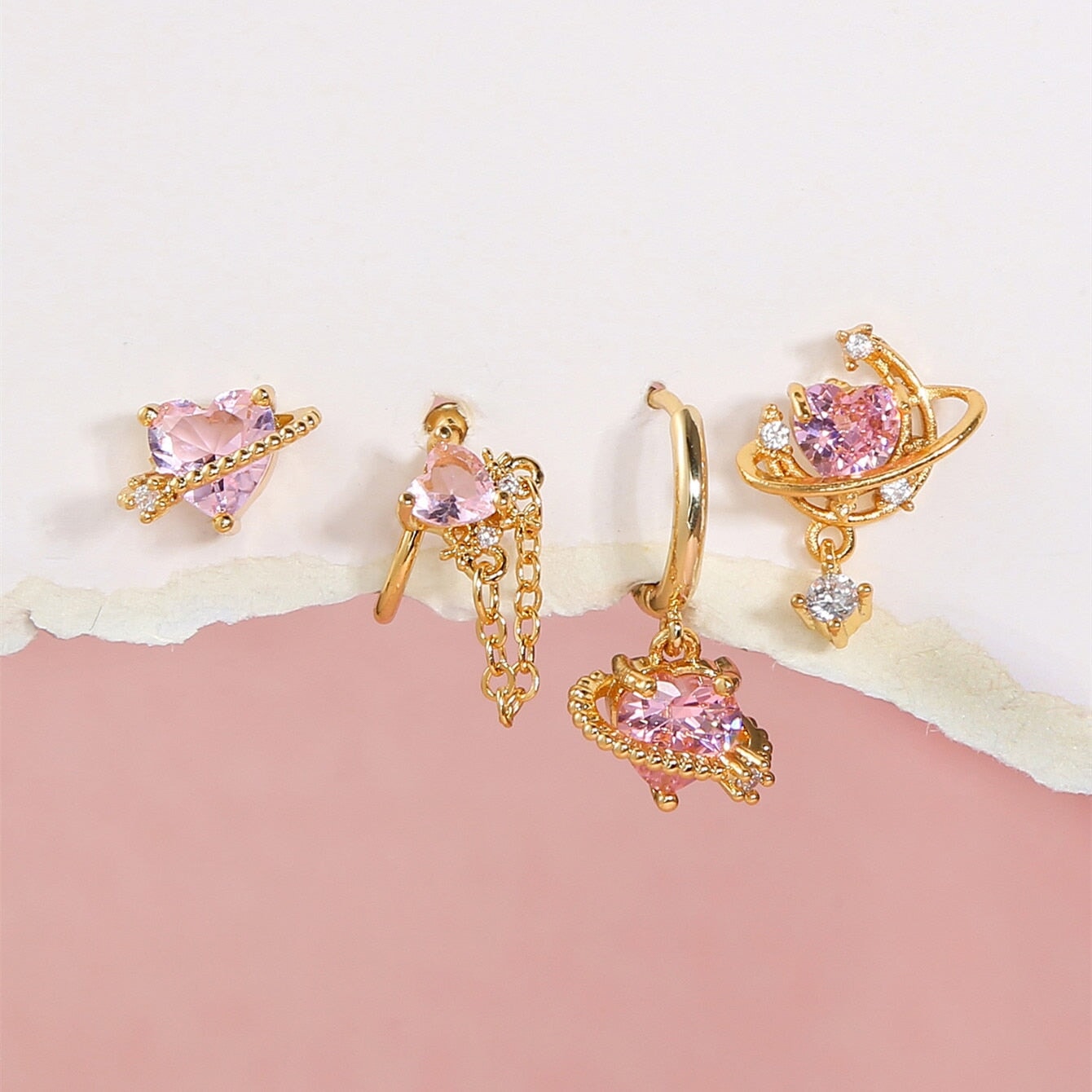 Pink Heart Gold-Plated Asymmetric Stud Earrings-Enchanted peach