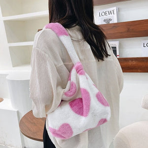 Pink Hearts Fluffy Tote Bag-Enchanted peach