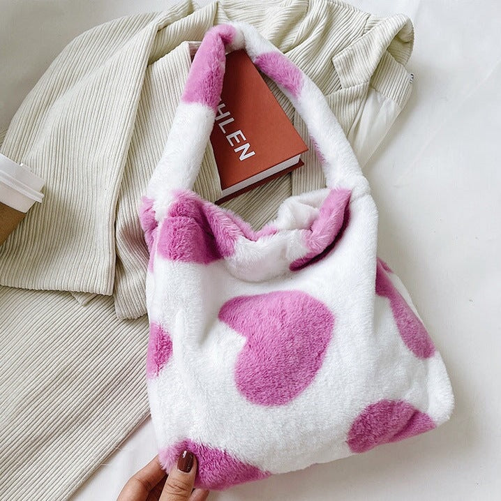 Pink Hearts Fluffy Tote Bag-Enchanted peach