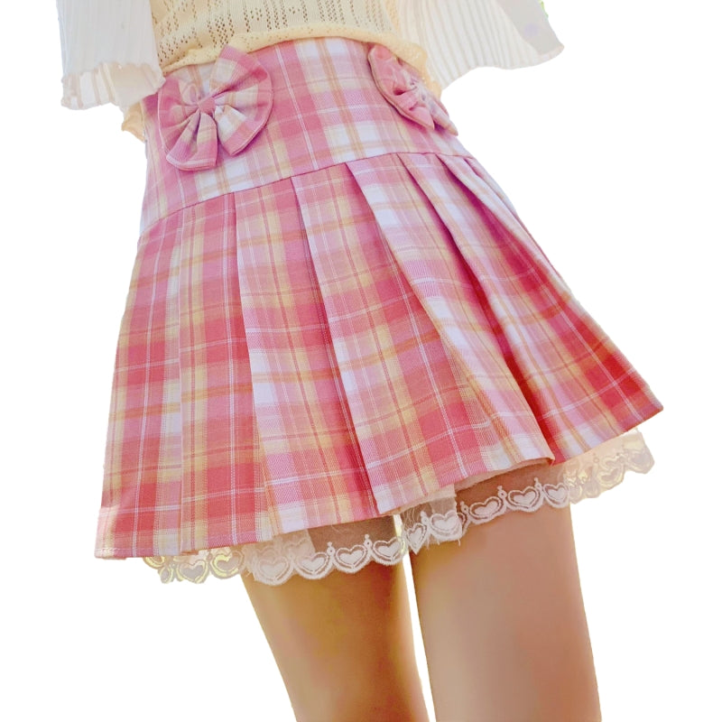 Pink Plaid Pleated Short Korean Fashion Skirt with Lace & Bow-Enchanted peach