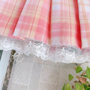 Pink Plaid Pleated Short Korean Fashion Skirt with Lace & Bow-Enchanted peach