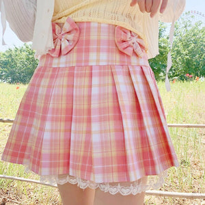 Pink Plaid Pleated Short Korean Fashion Skirt with Lace & Bow-Enchanted peach