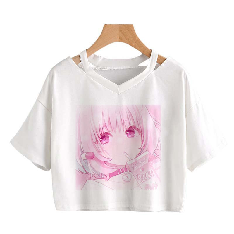 Pink Riamu Cute Anime Girl Print V-neck Crop Top Tee-Enchanted peach