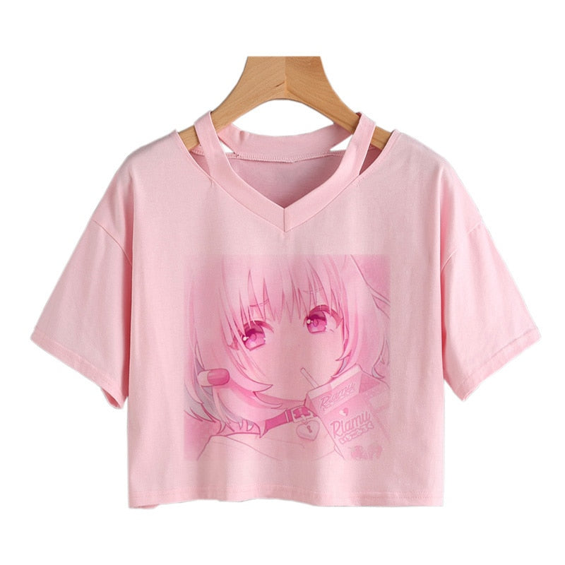 Pink Riamu Cute Anime Girl Print V-neck Crop Top Tee-Enchanted peach