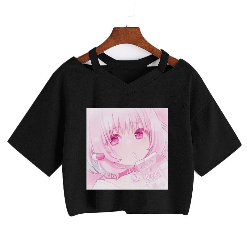 Pink Riamu Cute Anime Girl Print V-neck Crop Top Tee-Enchanted peach