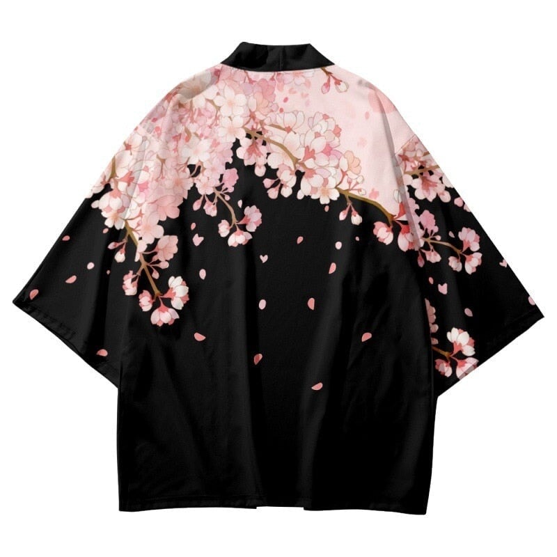 Pink Sakura Flowers Print Unisex Black Kimono-Enchanted peach