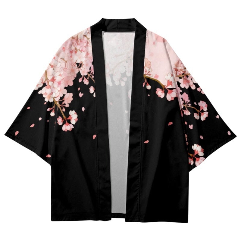 Pink Sakura Flowers Print Unisex Black Kimono-Enchanted peach