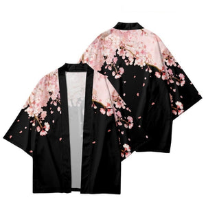 Pink Sakura Flowers Print Unisex Black Kimono-Enchanted peach