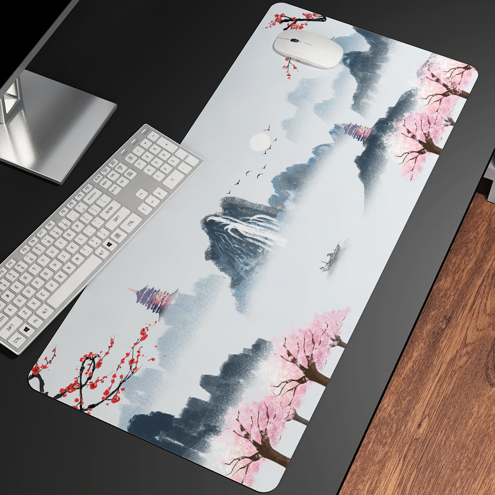 Pink Sakura Japanese Shrine Mountains Large Mouse Pad Collection-Enchanted peach