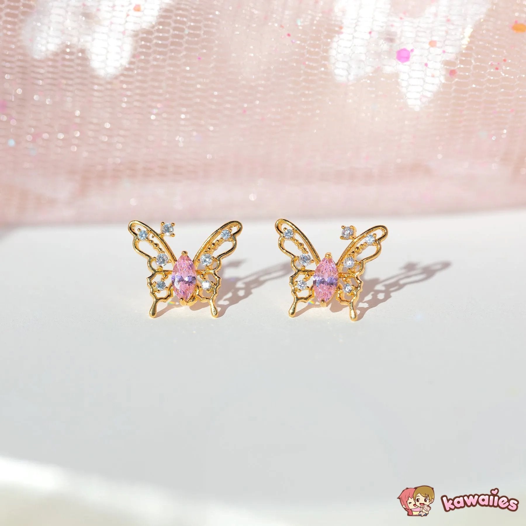 Pink Starry Butterfly Gold-plated Stud Earrings-Enchanted peach