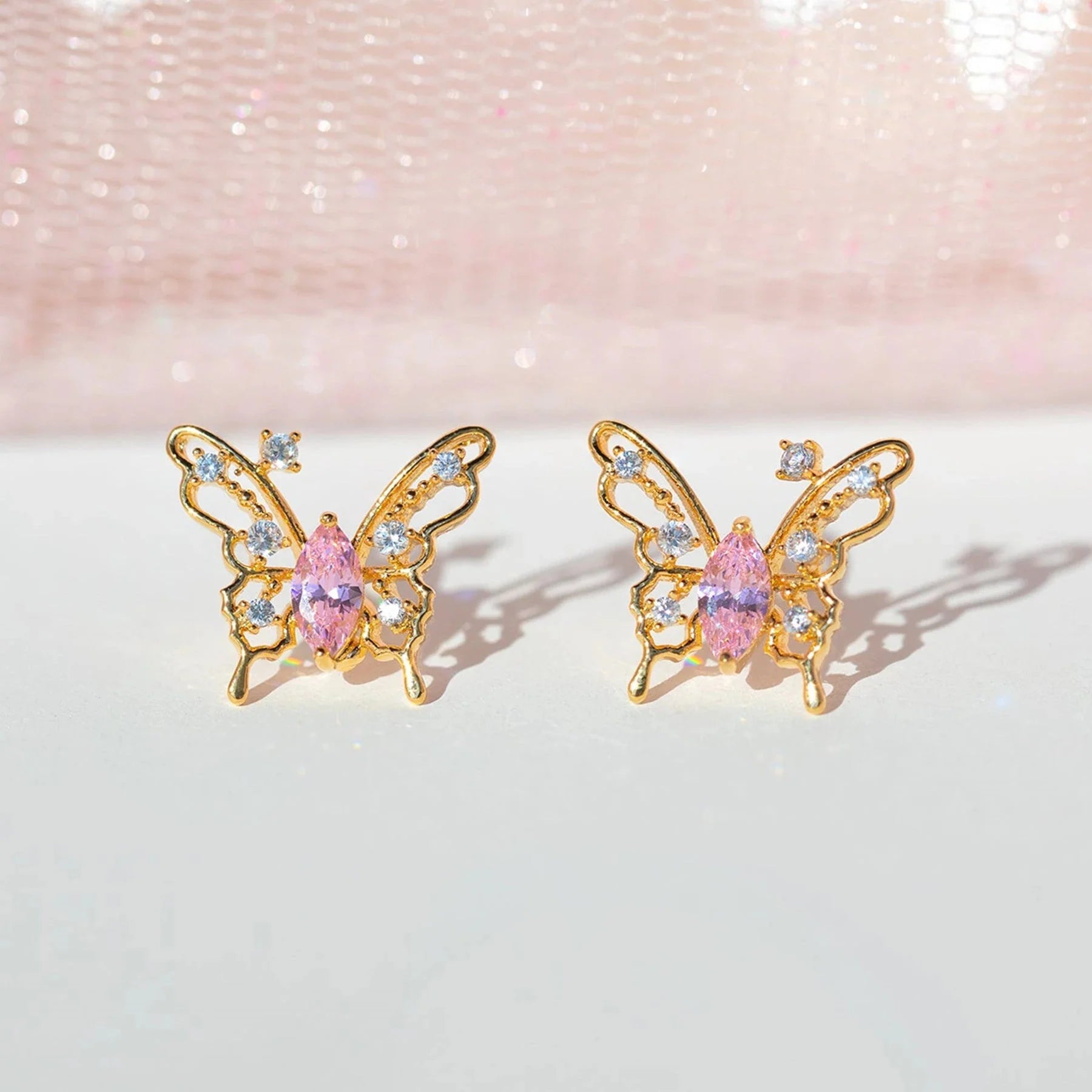 Pink Starry Butterfly Gold-plated Stud Earrings-Enchanted peach