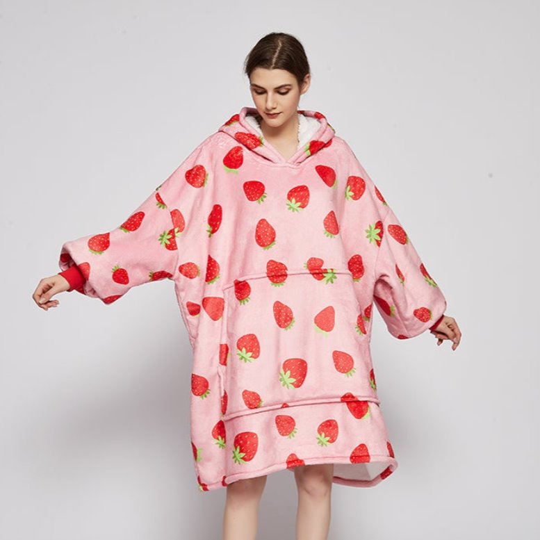 Pink Strawberry Oversized Thick Blanket Hoodie-Enchanted peach