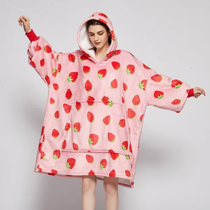 Pink Strawberry Oversized Thick Blanket Hoodie-Enchanted peach