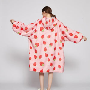 Pink Strawberry Oversized Thick Blanket Hoodie-Enchanted peach