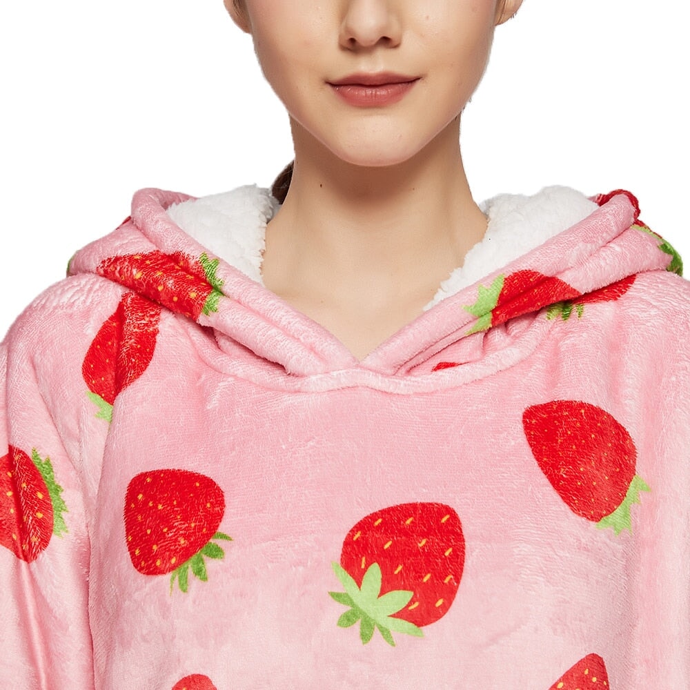 Pink Strawberry Oversized Thick Blanket Hoodie-Enchanted peach