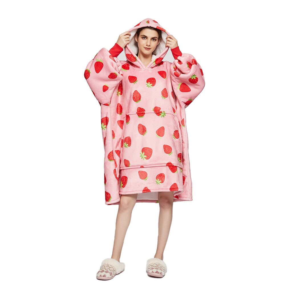 Pink Strawberry Oversized Thick Blanket Hoodie-Enchanted peach