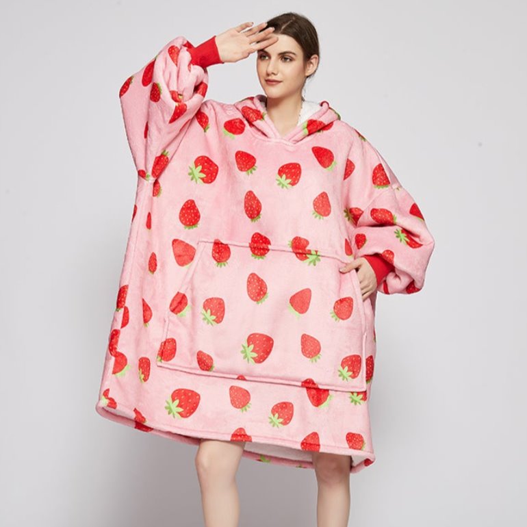 Pink Strawberry Oversized Thick Blanket Hoodie-Enchanted peach