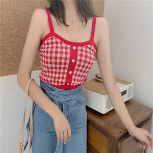 Plaid Checker Heart Button Knitted Women's Crop Top Sweater-Enchanted peach