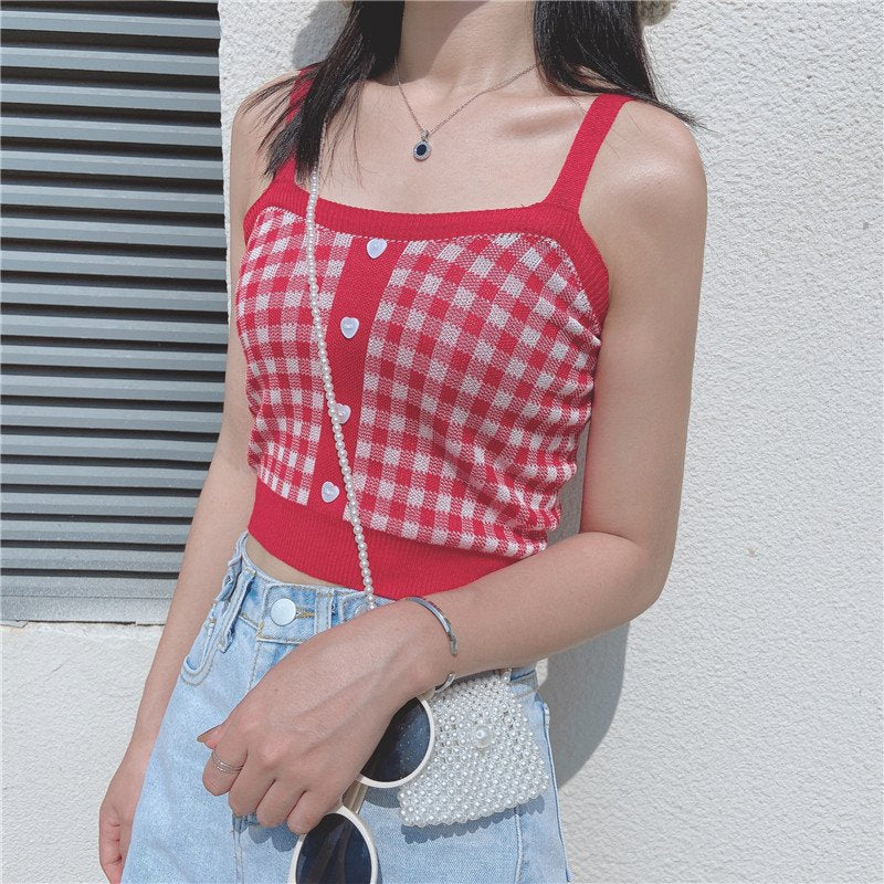 Plaid Checker Heart Button Knitted Women's Crop Top Sweater-Enchanted peach