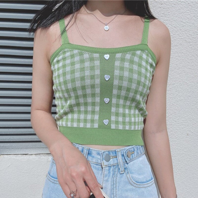 Plaid Checker Heart Button Knitted Women's Crop Top Sweater-Enchanted peach