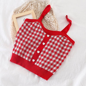 Plaid Checker Heart Button Knitted Women's Crop Top Sweater-Enchanted peach