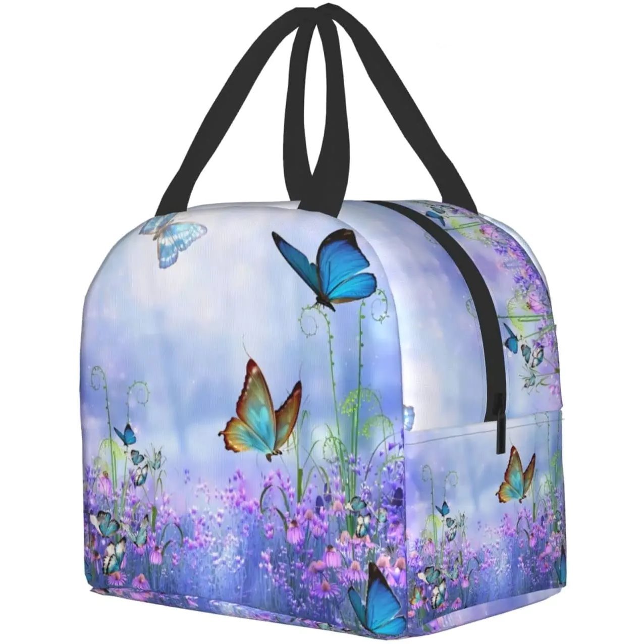 Purple Butterfly Flowers Insulated Lunch Bag-Enchanted peach