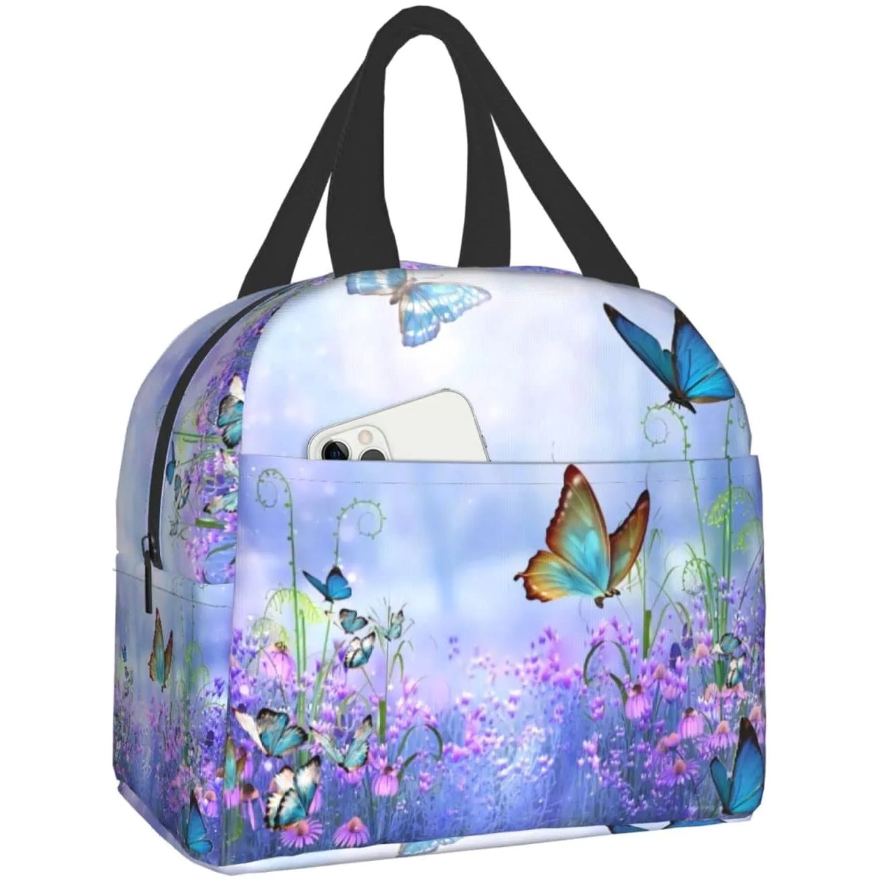 Purple Butterfly Flowers Insulated Lunch Bag-Enchanted peach