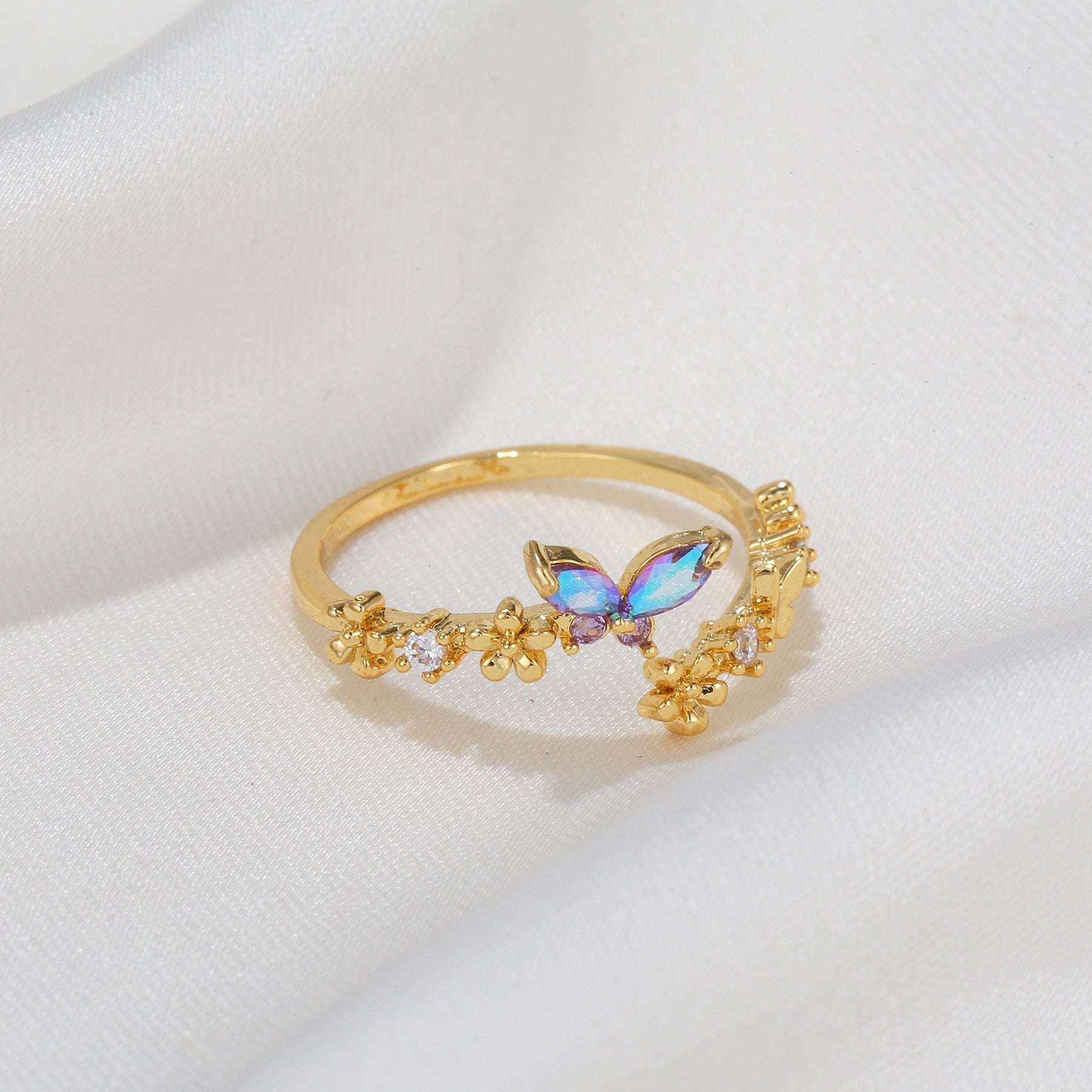 Rainbow Butterfly Floral Gold-plated Adjustable Ring-Enchanted peach