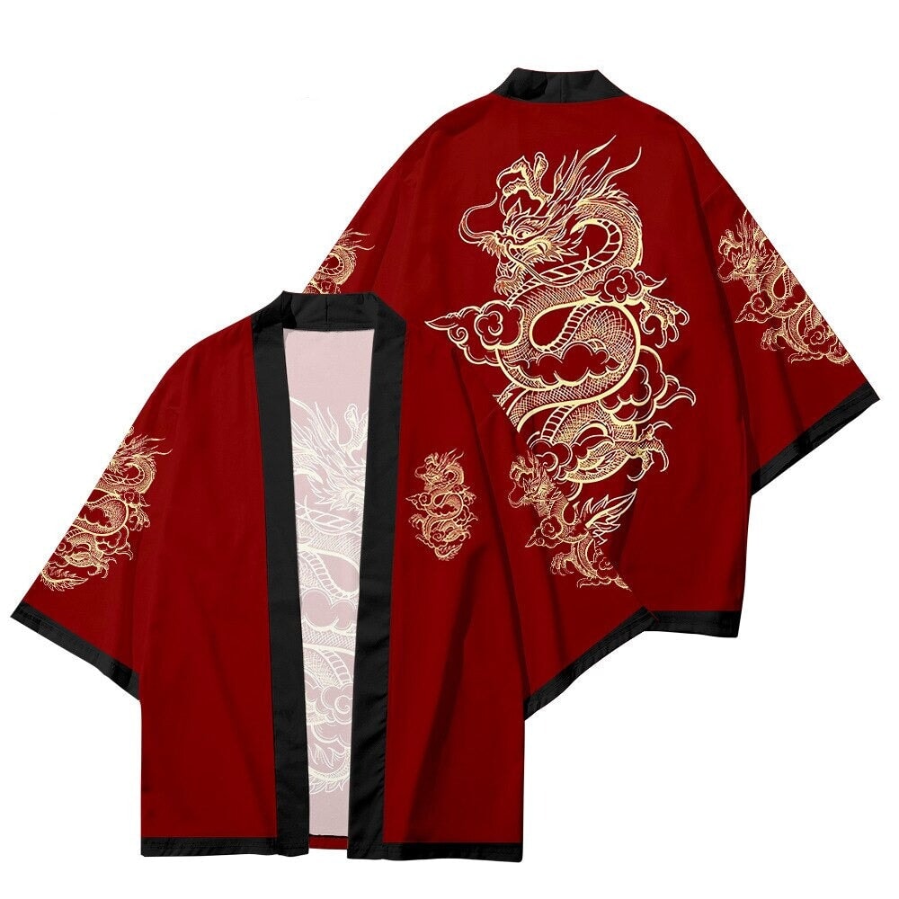 Red Black Golden Dragon Outlined Unisex Kimono-Enchanted peach