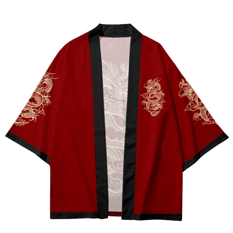 Red Black Golden Dragon Outlined Unisex Kimono-Enchanted peach