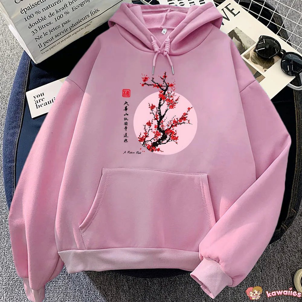 Red Sakura Branch Moon Unisex Hoodie-Enchanted peach