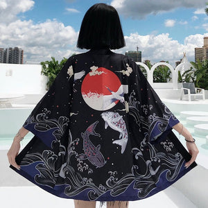 Rising Sun and Lucky Koi Japanese Woman Kimono-Enchanted peach