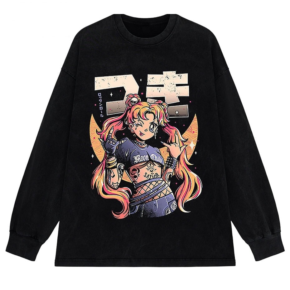 Rock On Usagi Tsukino Stone Wash Sweatshirt-Enchanted peach