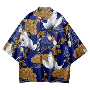 Royal Blue Gold Cranes Unisex Kimono-Enchanted peach