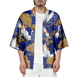 Royal Blue Gold Cranes Unisex Kimono-Enchanted peach