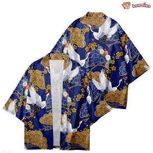 Royal Blue Gold Cranes Unisex Kimono-Enchanted peach