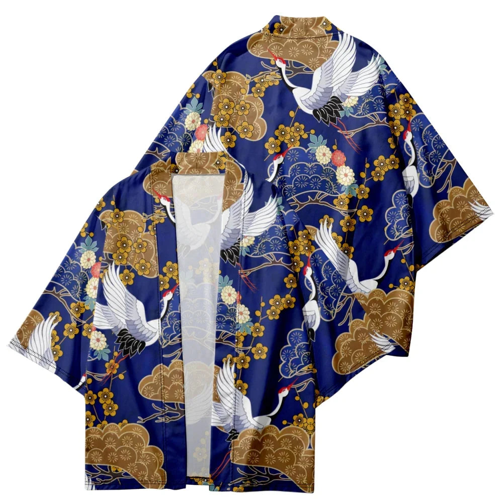 Royal Blue Gold Cranes Unisex Kimono-Enchanted peach