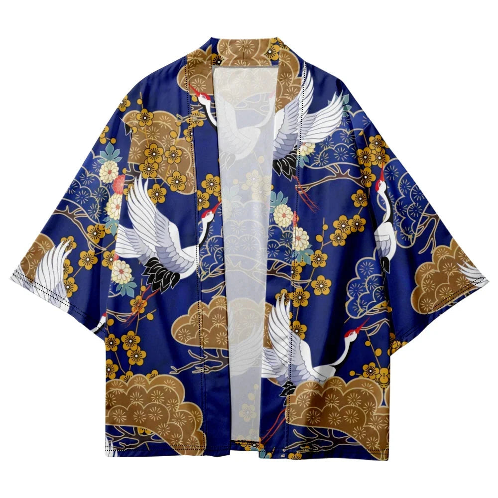 Royal Blue Gold Cranes Unisex Kimono-Enchanted peach