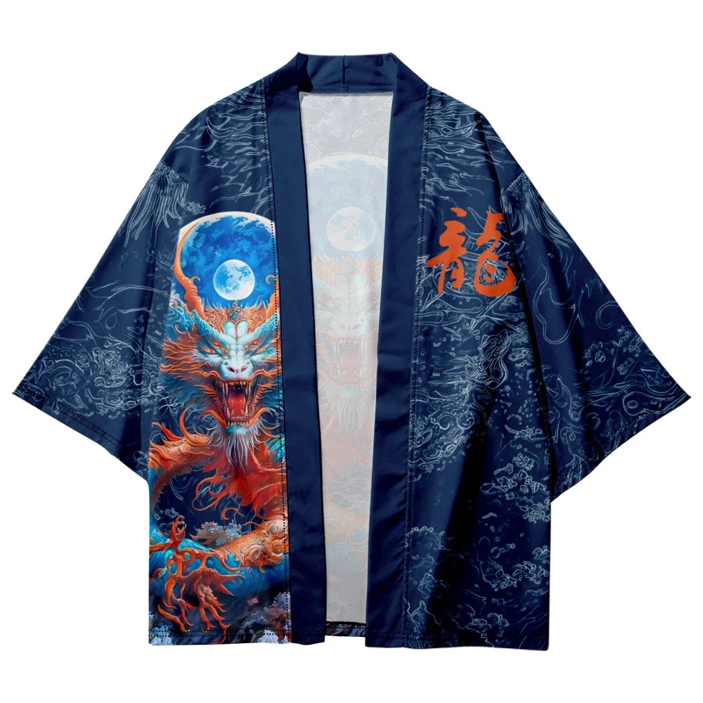 Royal Blue Powerful Dragon Moon Unisex Kimono-Enchanted peach