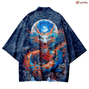 Royal Blue Powerful Dragon Moon Unisex Kimono-Enchanted peach