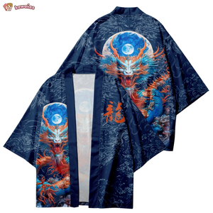 Royal Blue Powerful Dragon Moon Unisex Kimono-Enchanted peach